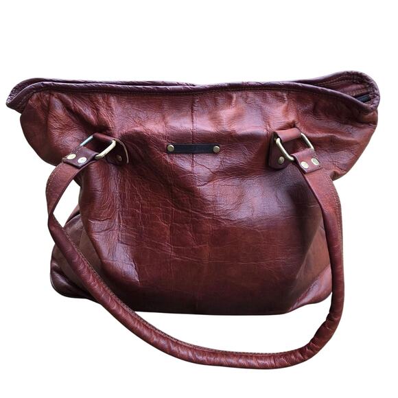 Western Boho Cognac Leather Tote Bag | Distressed Rustic Carryall - Picture 3 of 14